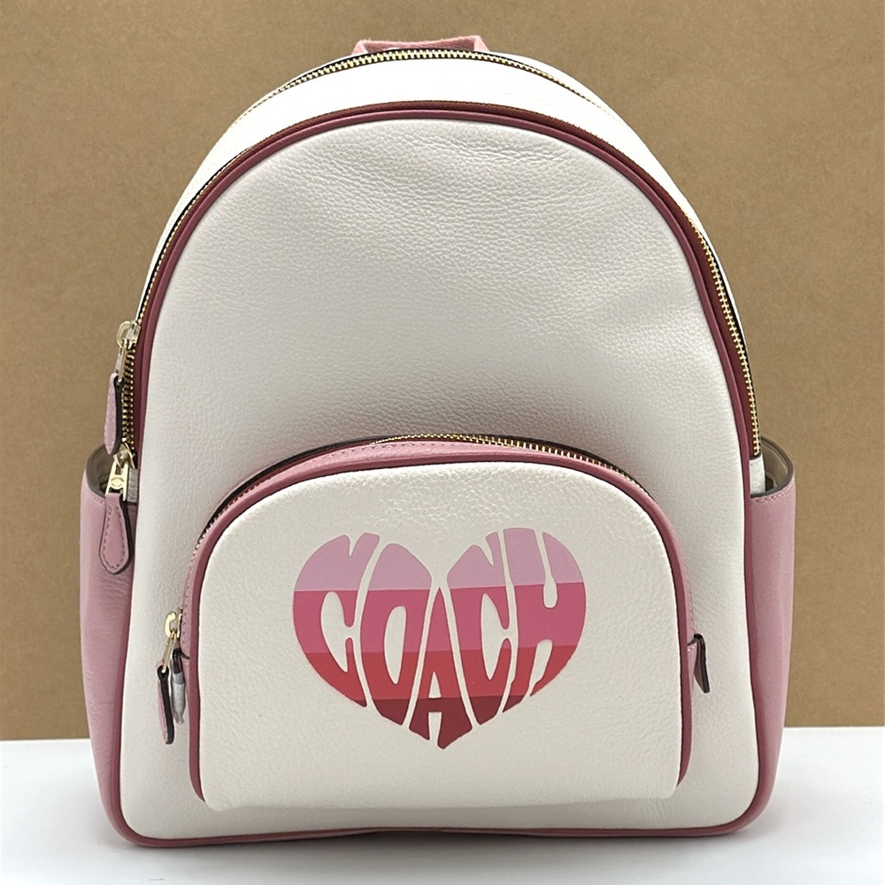 Coach Court Stripe Heart Motif Pebble Leather Chalk White Backpack - Picture 2 of 16